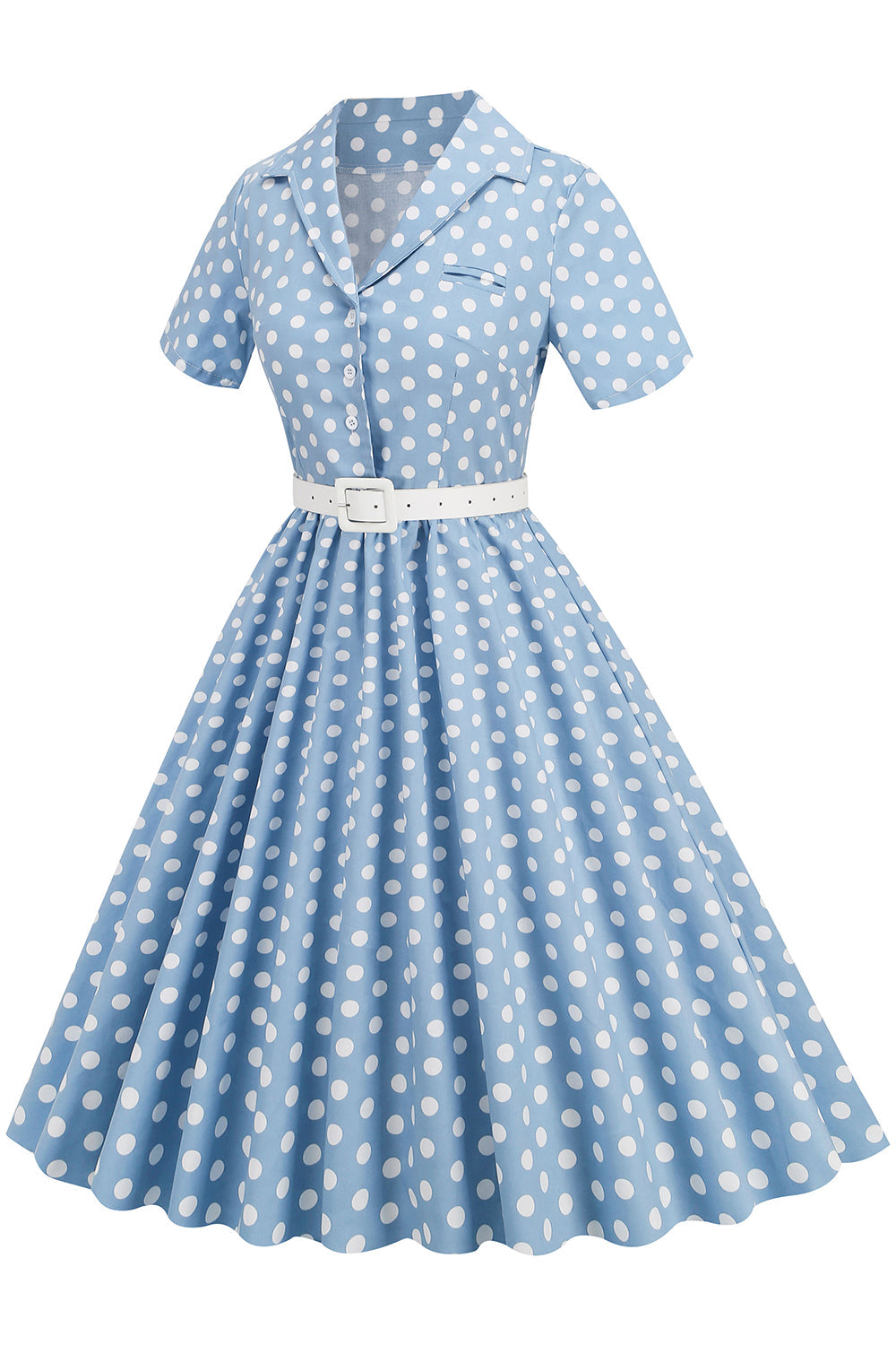 Hepburn Style V Hals Blauwe Polka Dots 1950s Jurk