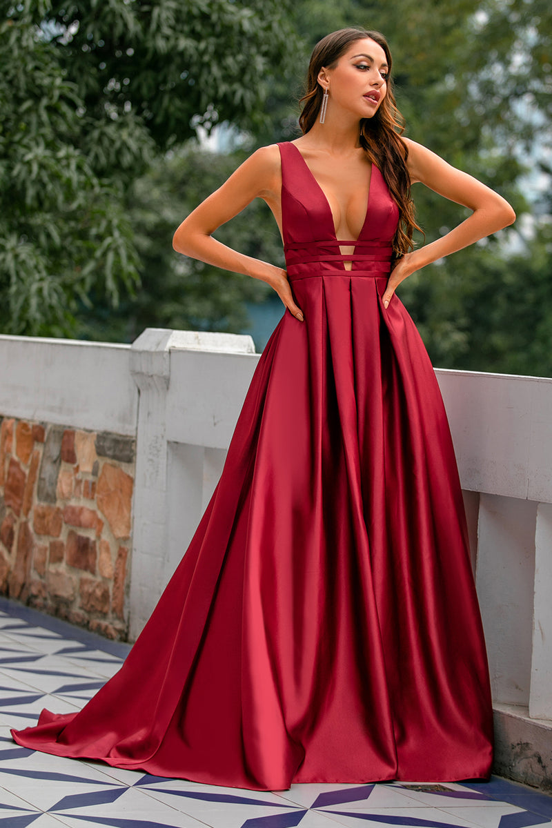 niet voldoende Prestige erts ZAPAKA Vrouwen A-lijn Bordeaux Rood V-hals satijn Lange gala feest jurk  Avondjurken – ZAPAKA NL