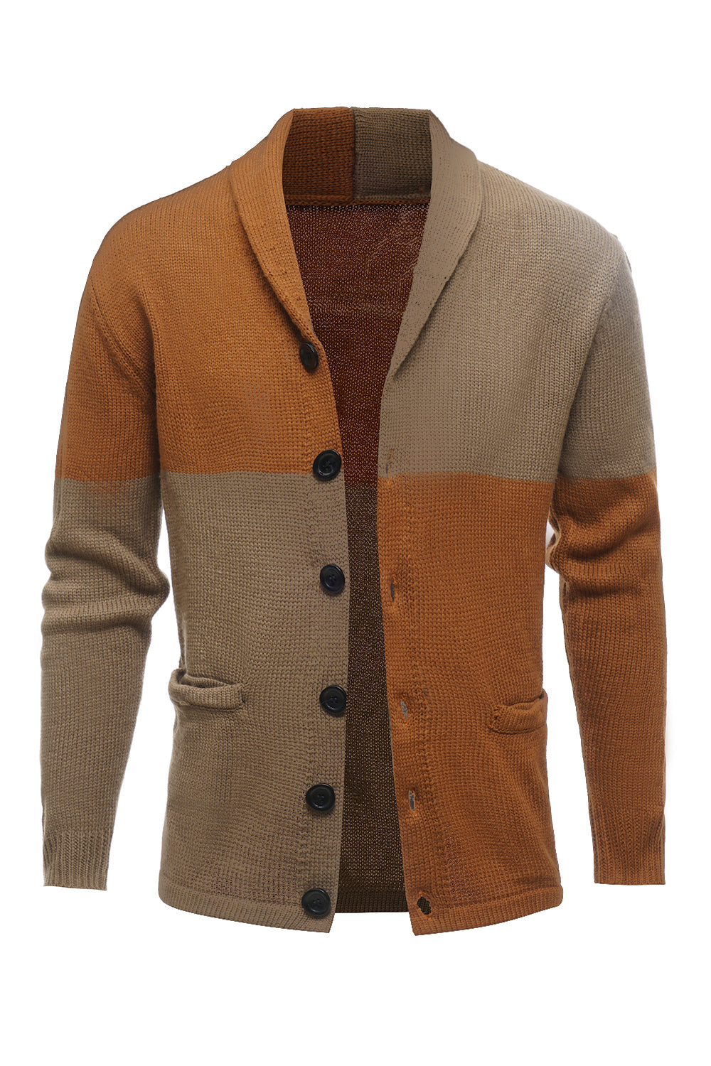 Bruine Patchwork Sjaal Kraag Lange Mouwen Heren Vest Trui