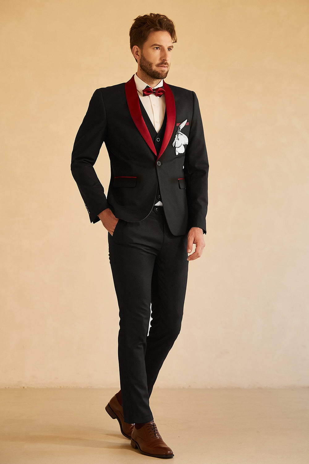 Zwart Rood Sjaal Revers Heren Prom Blazer