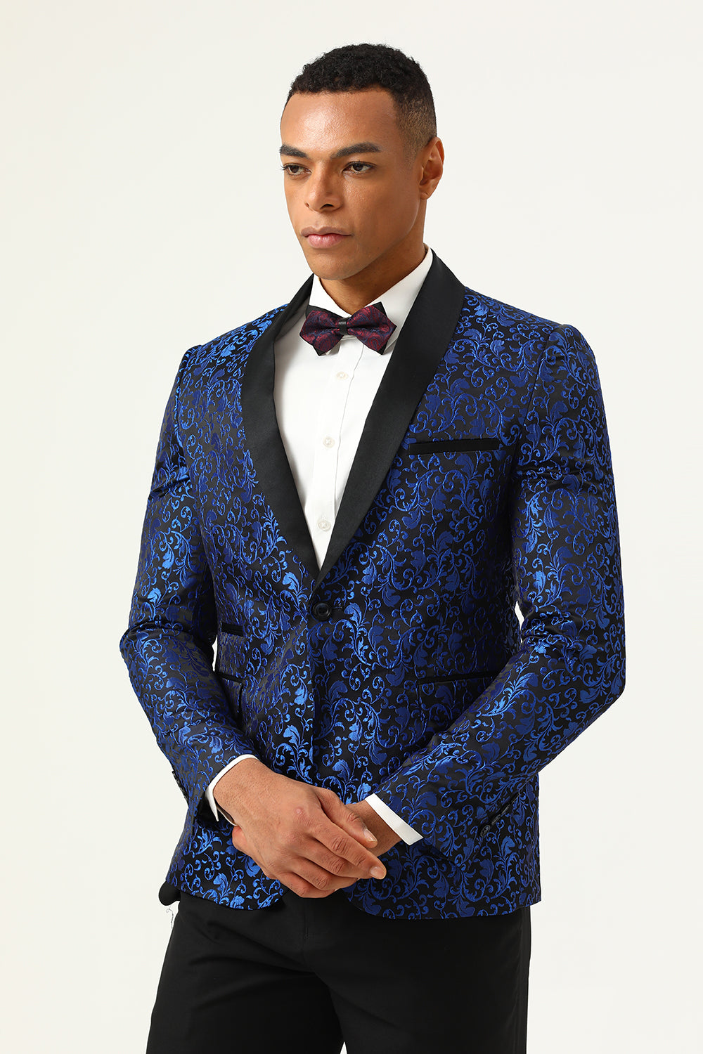 One Button Blue Shawl Revers Jacquard Heren Prom Blazer