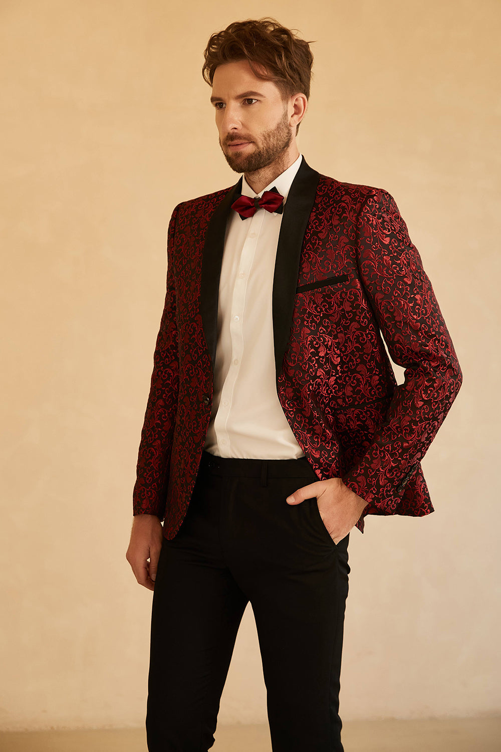 Blauwe Sjaal Revers Jacquard One Button Heren Gala Blazer