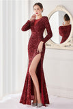 Bordeaux pailletten lange mouwen avondjurk met spleet