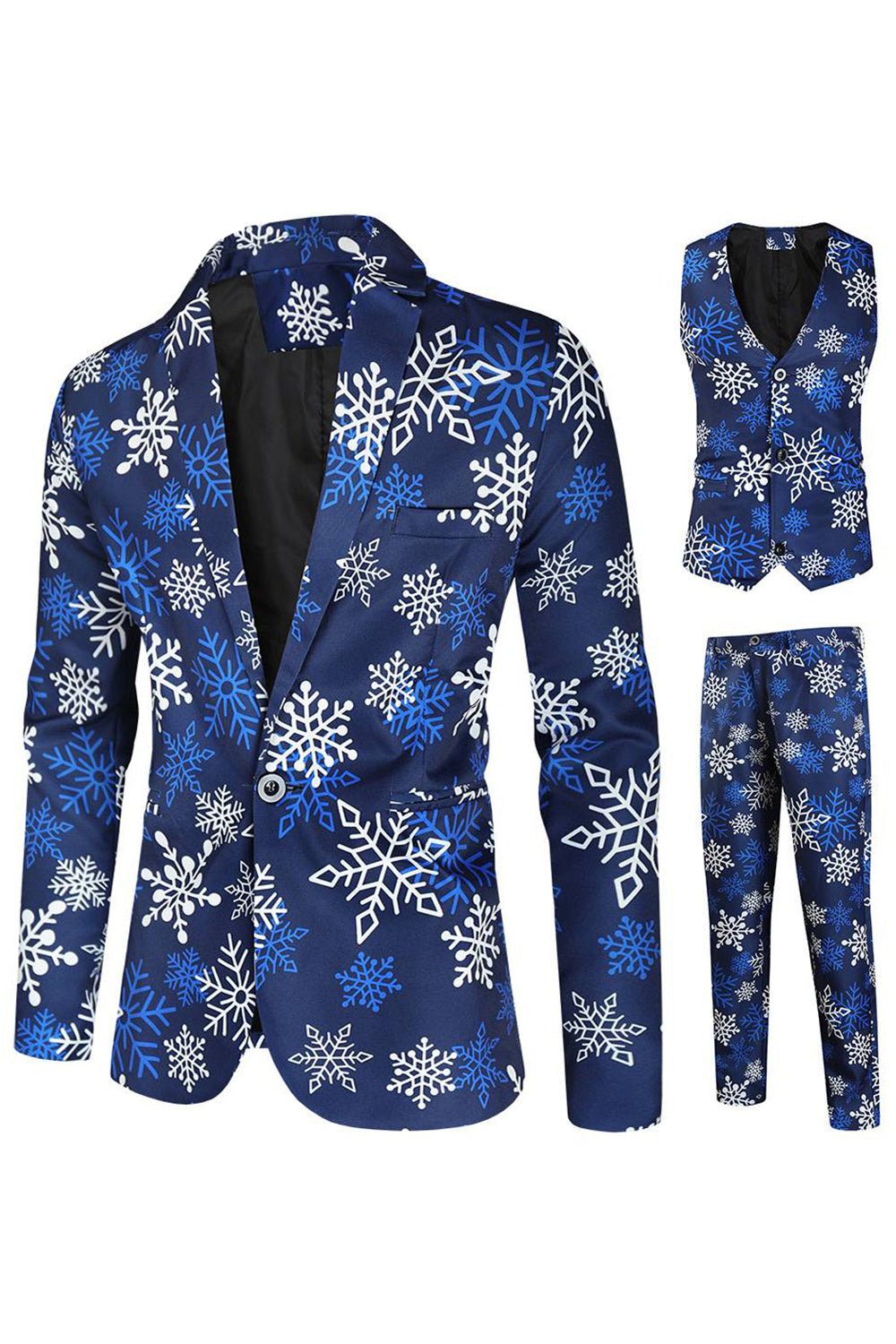 Blauwe sneeuwvlok bedrukte 3-delige heren kerstfeestpakken