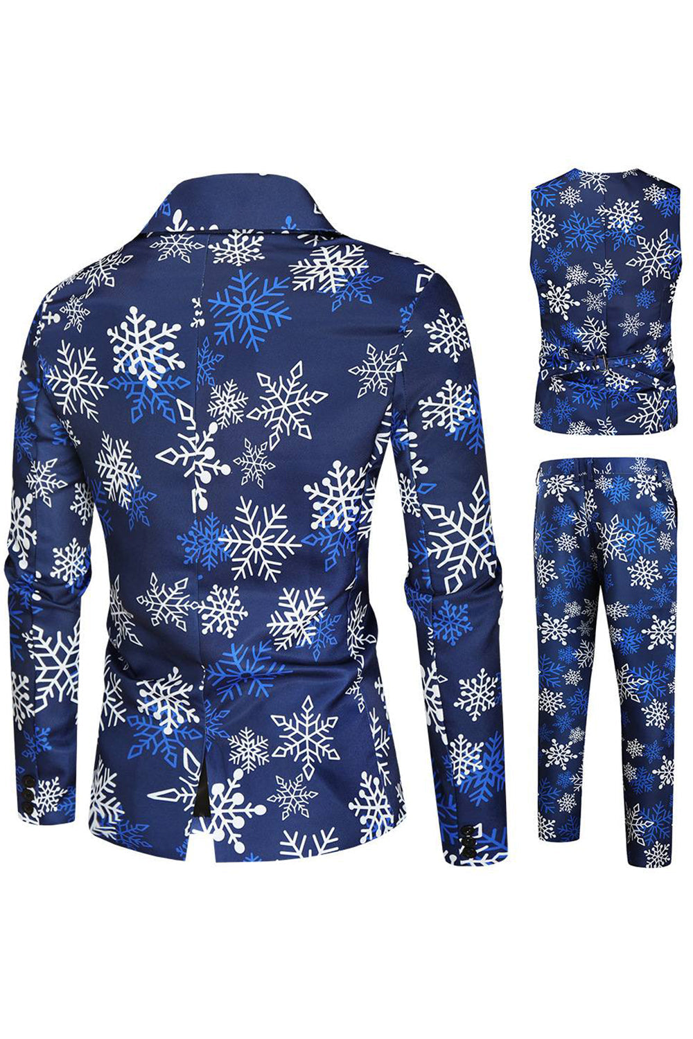 Blauwe sneeuwvlok bedrukte 3-delige heren kerstfeestpakken