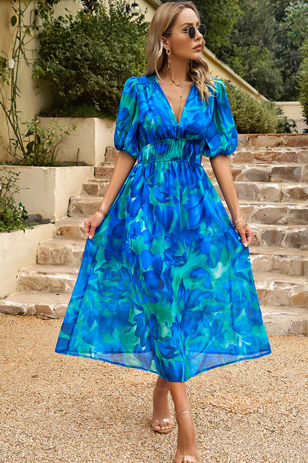 Zwarte V-hals bedrukte halve mouwen zomerjurk