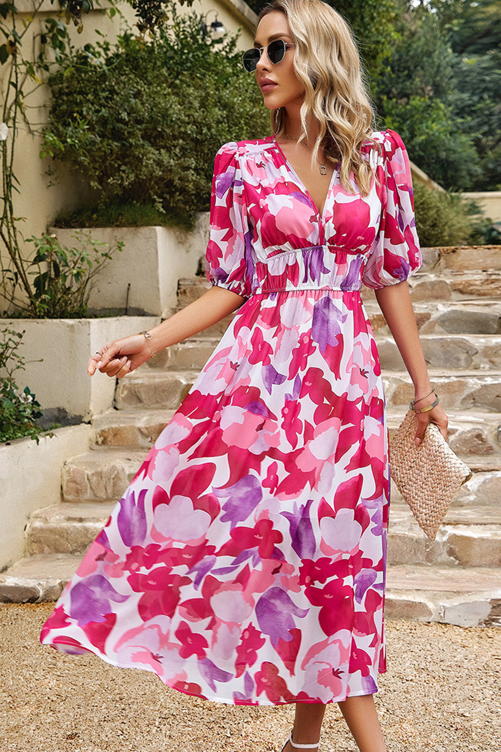 Zwarte V-hals bedrukte halve mouwen zomerjurk