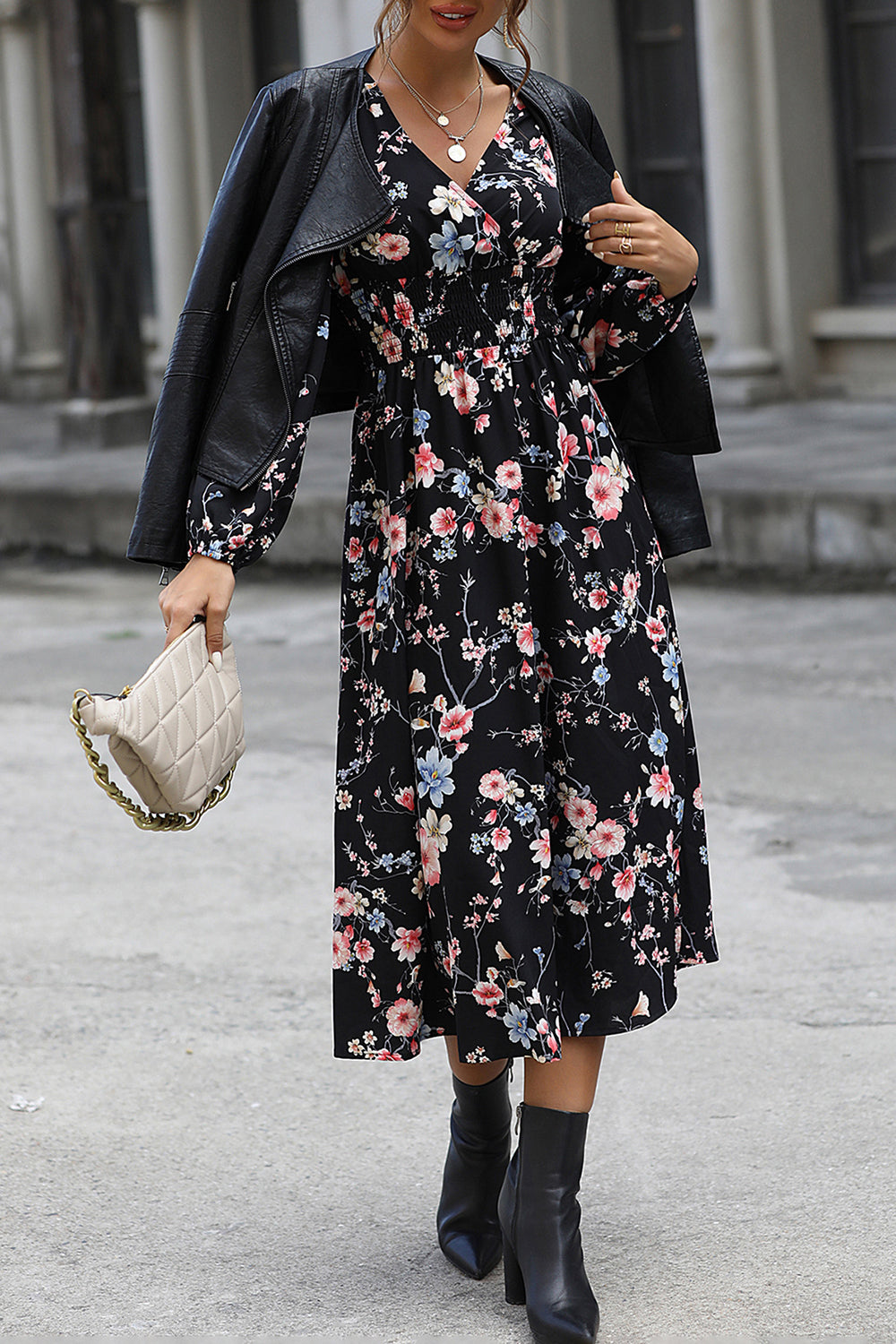 Floral Print V-hals Lange Mouwen Casual Jurk