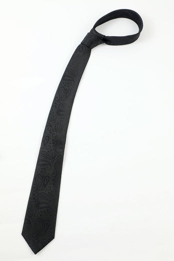 Zwarte Jacquard Heren 5-delige Accessoire Set Tie en Vlinderdas Pocket Vierkante Bloem Revers Pin Tie Clip