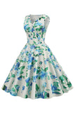 Lichtblauwe V Hals 1950s Vintage Jurk