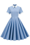 Lichtblauwe jaren 1950 Vintage jurk met mouwen