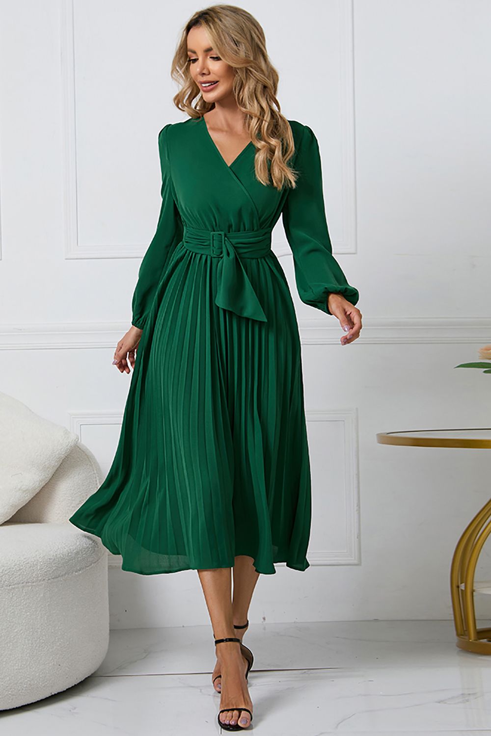 Lange Mouwen Groen Casual Jurk met Ruches