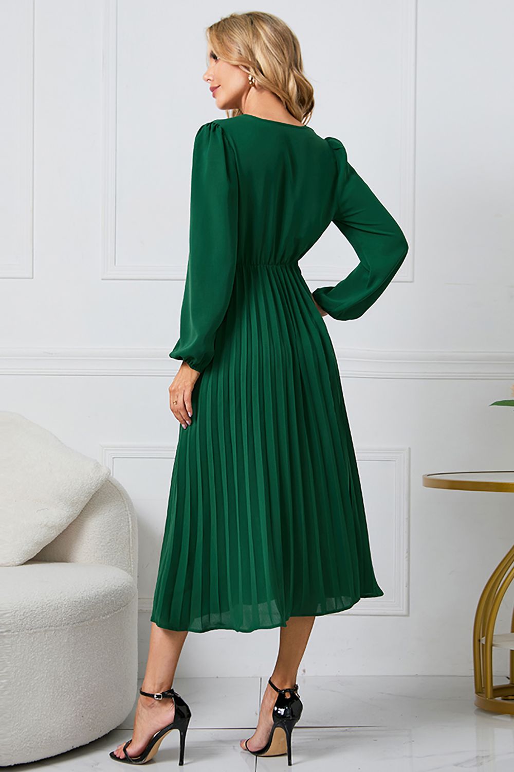 Lange Mouwen Groen Casual Jurk met Ruches