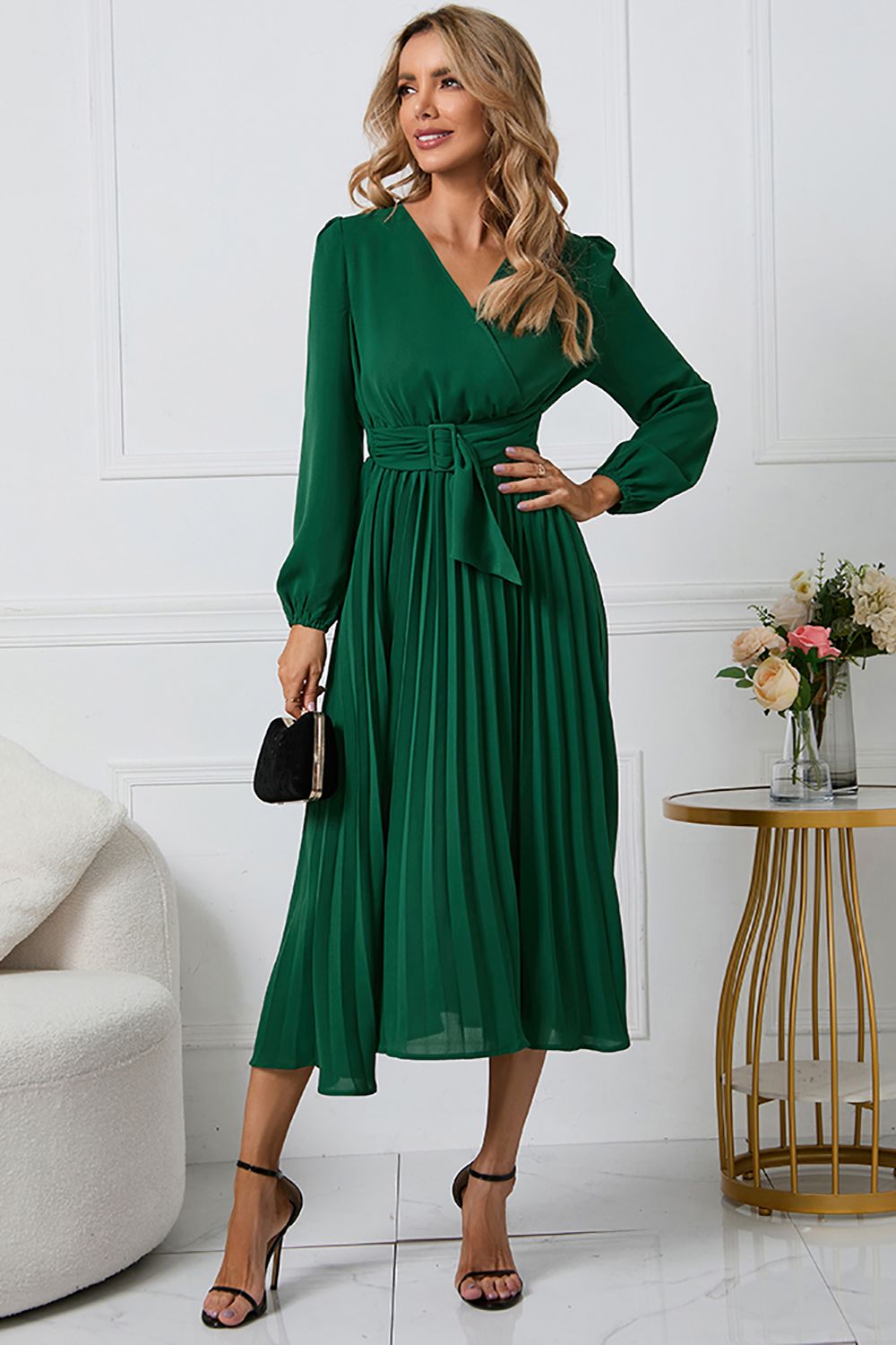Lange Mouwen Groen Casual Jurk met Ruches