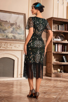Donkergroene V-hals franje jaren 1920 Gatsby jurk met pailletten
