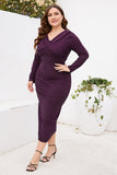 Bordeaux Bodycon V-hals Lange Mouwen Plus Size Werkjurk met Split