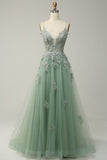 A Line Spaghetti Straps Groen Lang Galajurk met Kriskras Rug