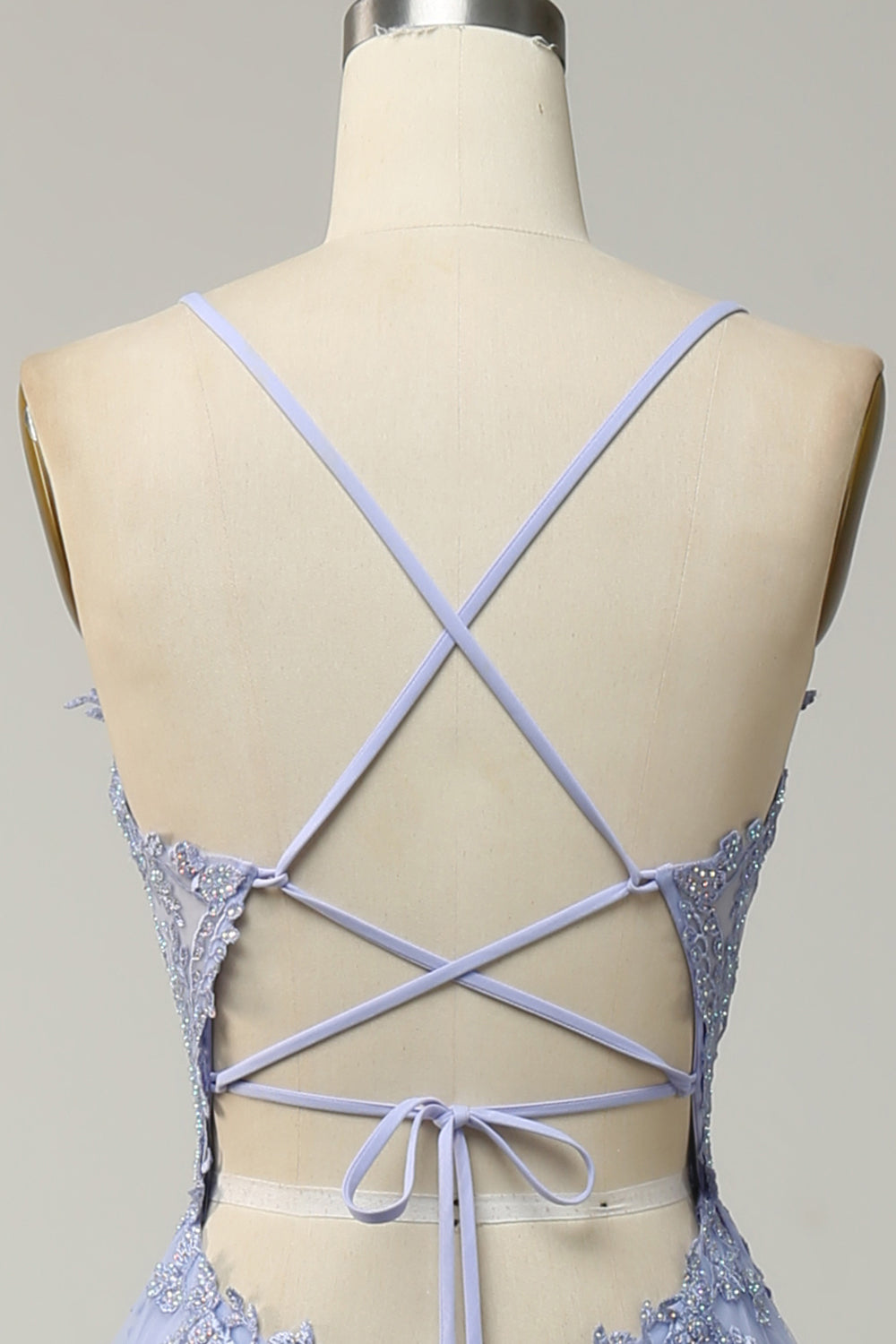 Spaghetti Bandjes A Line Licht Paars Lange Galajurk met Kriskras Rug