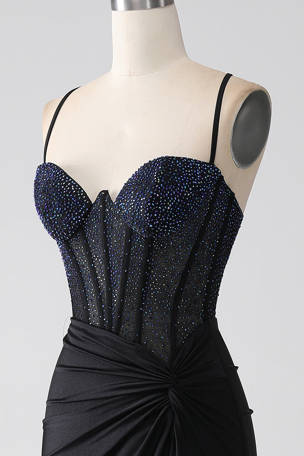 Zwarte zeemeermin spaghettibandjes lange korset galajurk met kralen