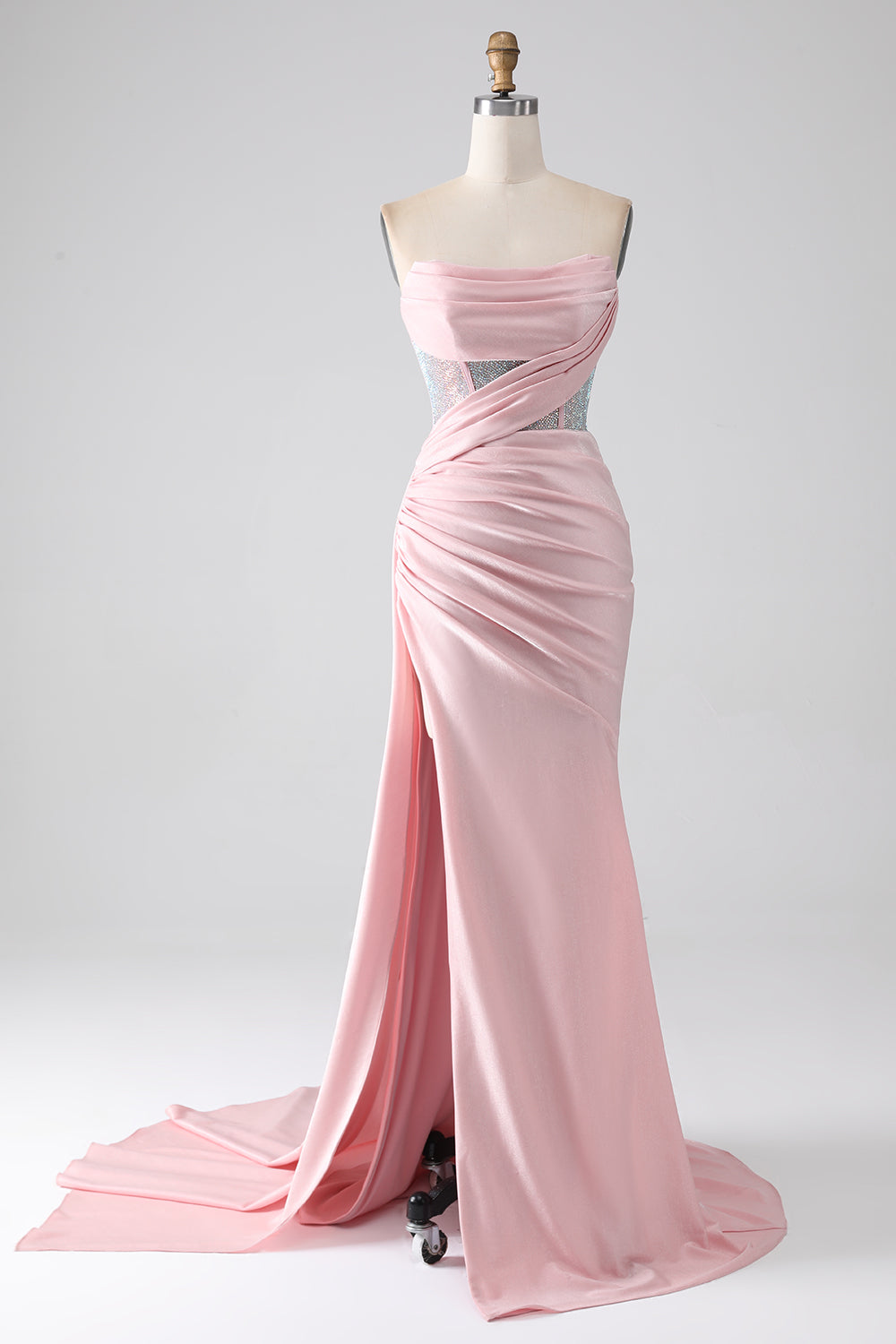 Roze zeemeermin strapless kralen geplooide lange galajurk met hoge split