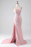 Roze zeemeermin strapless kralen geplooide lange galajurk met hoge split
