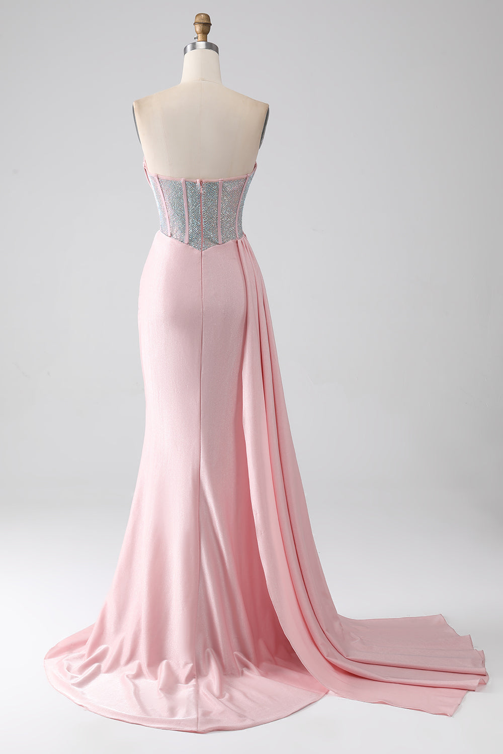 Roze zeemeermin strapless kralen geplooide lange galajurk met hoge split