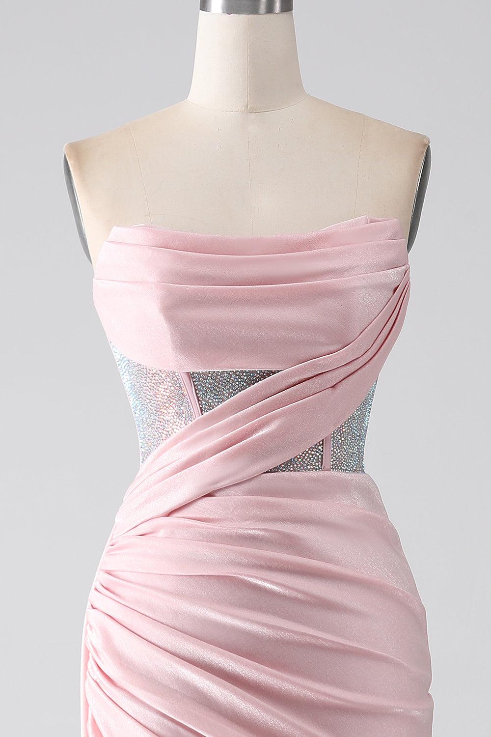 Roze zeemeermin strapless kralen geplooide lange galajurk met hoge split