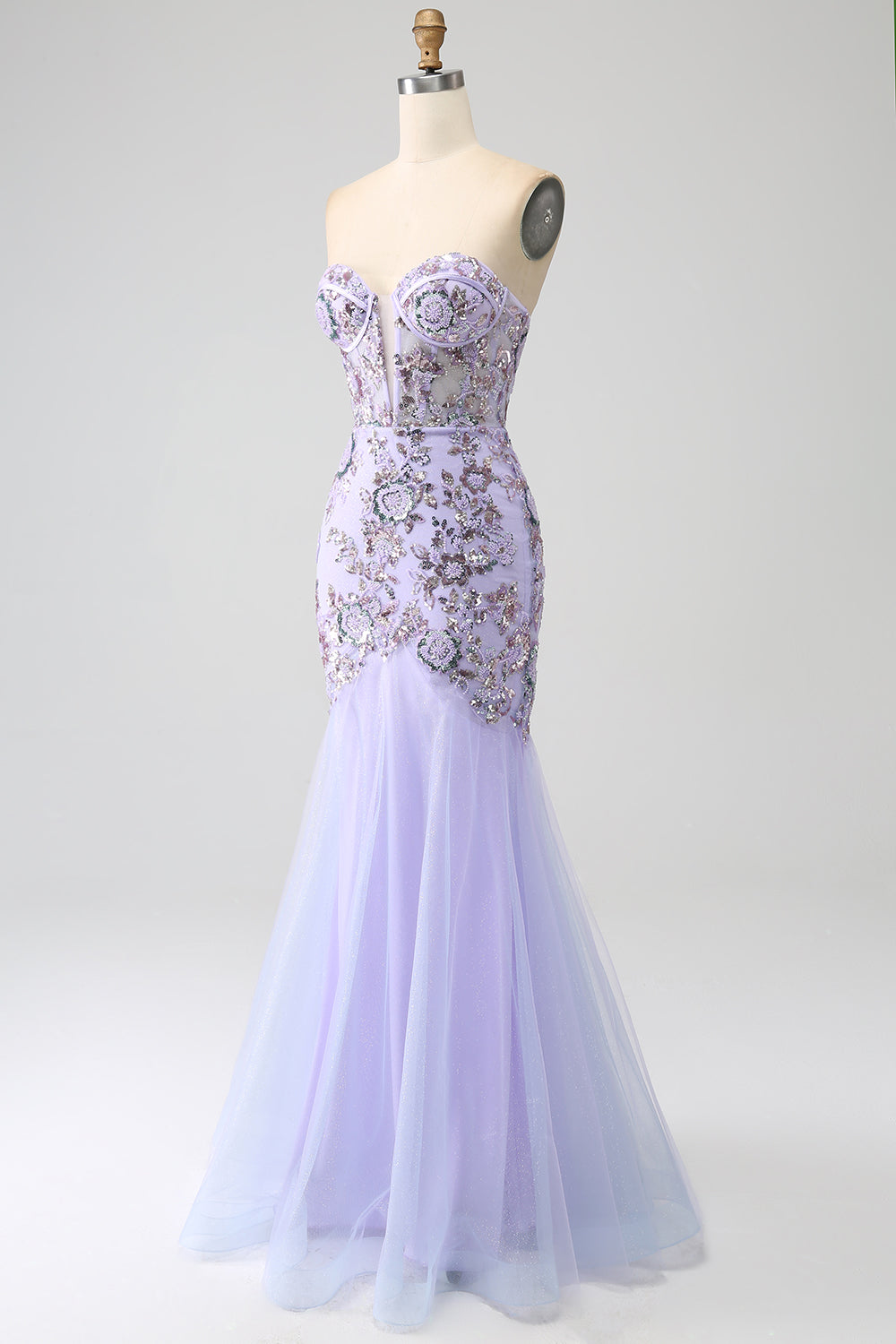 Zeemeermin strapless lavendel korset galajurk met kralen
