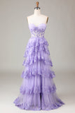 Lavendel Strapless gelaagde tule korset Prom jurk met appliques