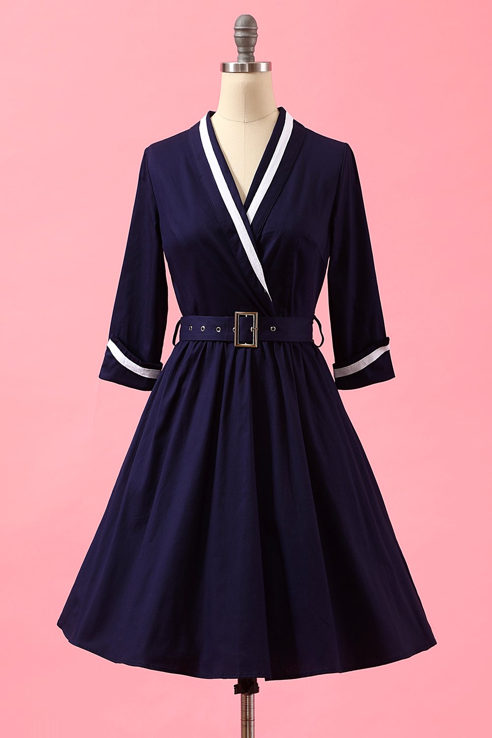 casual marine blauwe patchwork  wikkeljurk met V-hals