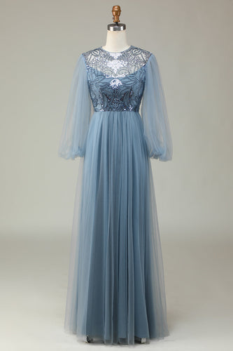 Een lijn grijs blauw pailletten lange mouwen bruidsmeisje jurk