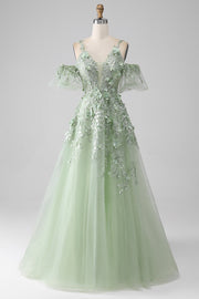 Sage A-lijn afneembare mouwen Lange korset galajurk met bloemen