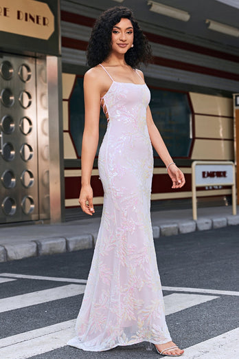 Trendy roze schede Spaghetti bandjes Split Front Prom jurk met accessoire