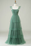 A Line Spaghetti Bandjes Lange Tulle Eucalyptus Bruidsmeisje Jurk