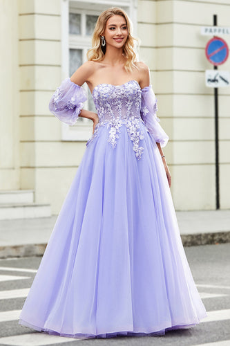 Prachtige A Line Off the Shoulder lavendel korset Prom jurk met Appliques