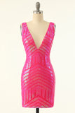 Fuchsia Pailletten V-Hals Strakke Homecoming Jurk