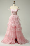 Prinses A Line Off the Shoulder Roze lange galajurk met appliques