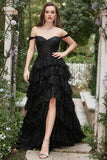 Long Off The Shoulder Zwart gelaagde galajurk