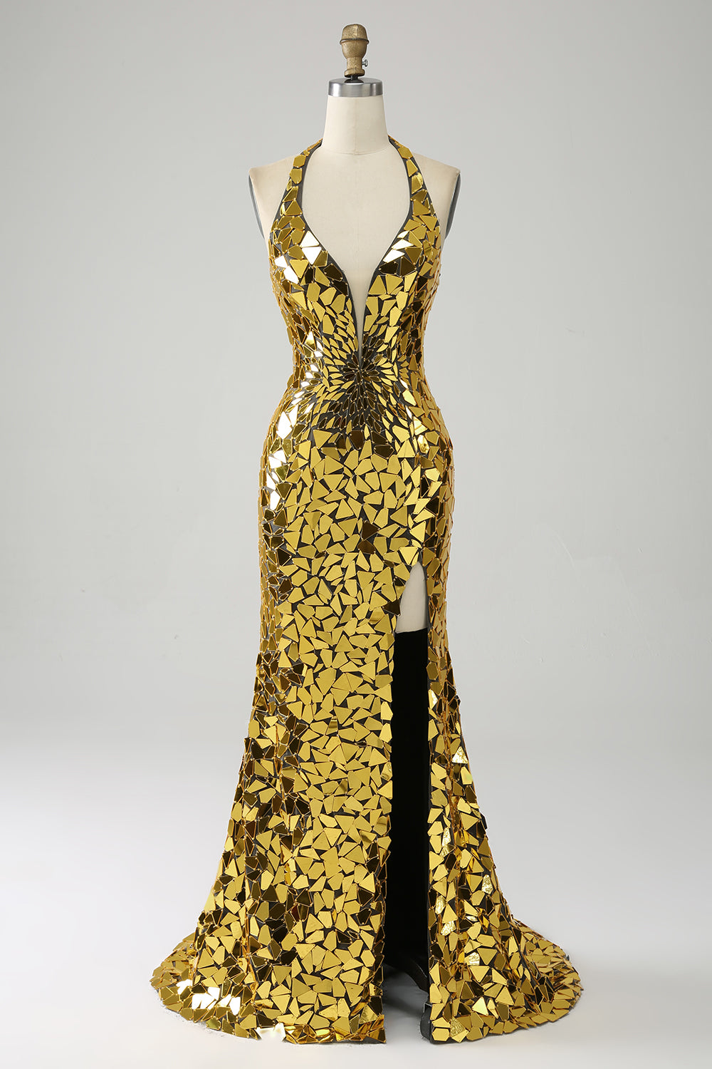 Gouden zeemeermin halter diepe V-hals Backless spiegel galajurk met hoge split