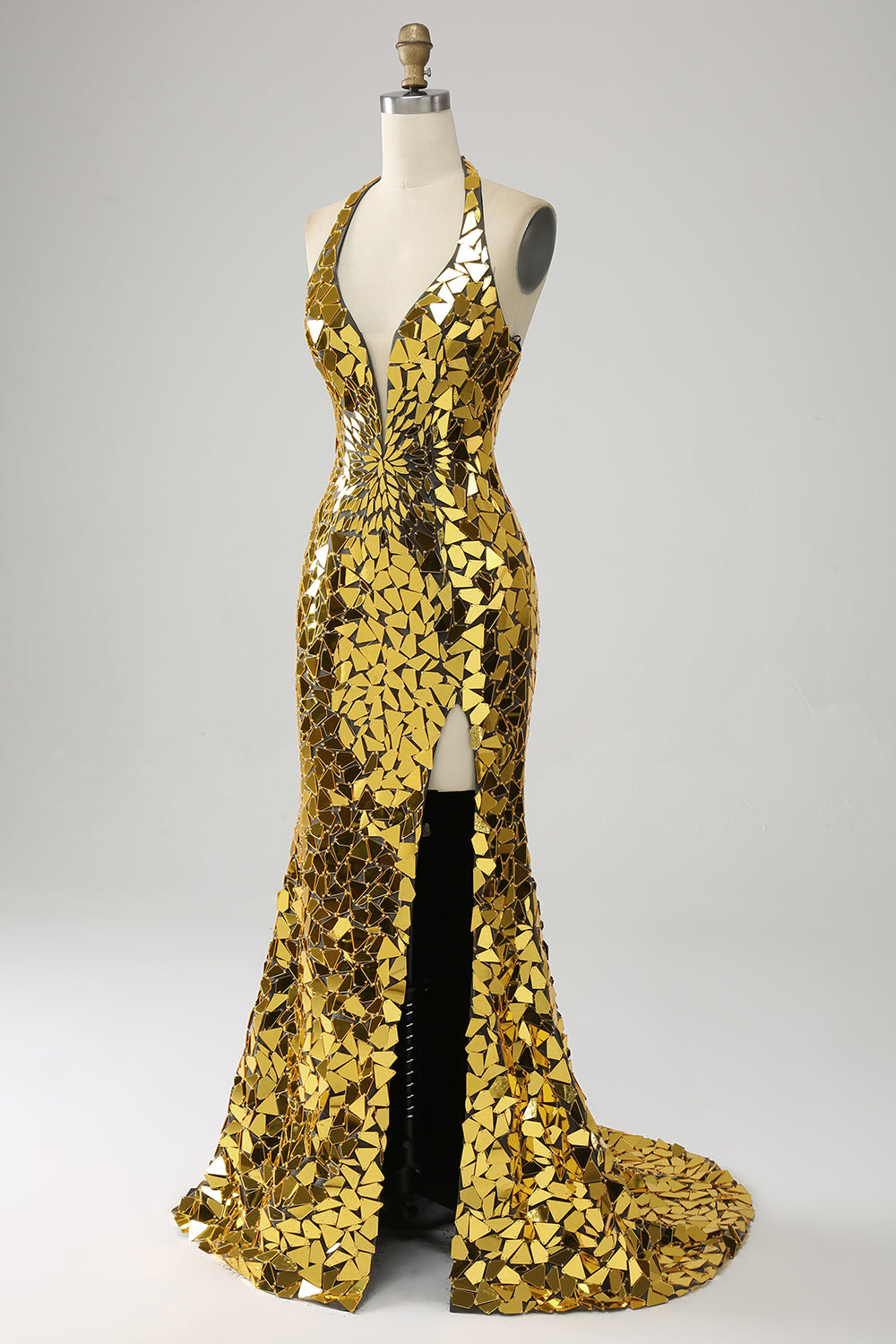 Gouden zeemeermin halter diepe V-hals Backless spiegel galajurk met hoge split