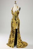 Gouden zeemeermin halter diepe V-hals Backless spiegel galajurk met hoge split