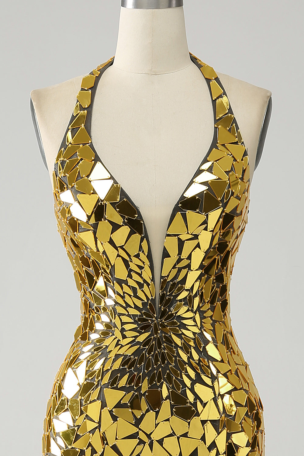 Gouden zeemeermin halter diepe V-hals Backless spiegel galajurk met hoge split