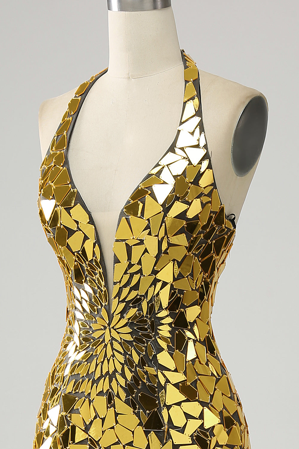 Gouden zeemeermin halter diepe V-hals Backless spiegel galajurk met hoge split