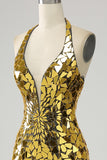 Gouden zeemeermin halter diepe V-hals Backless spiegel galajurk met hoge split
