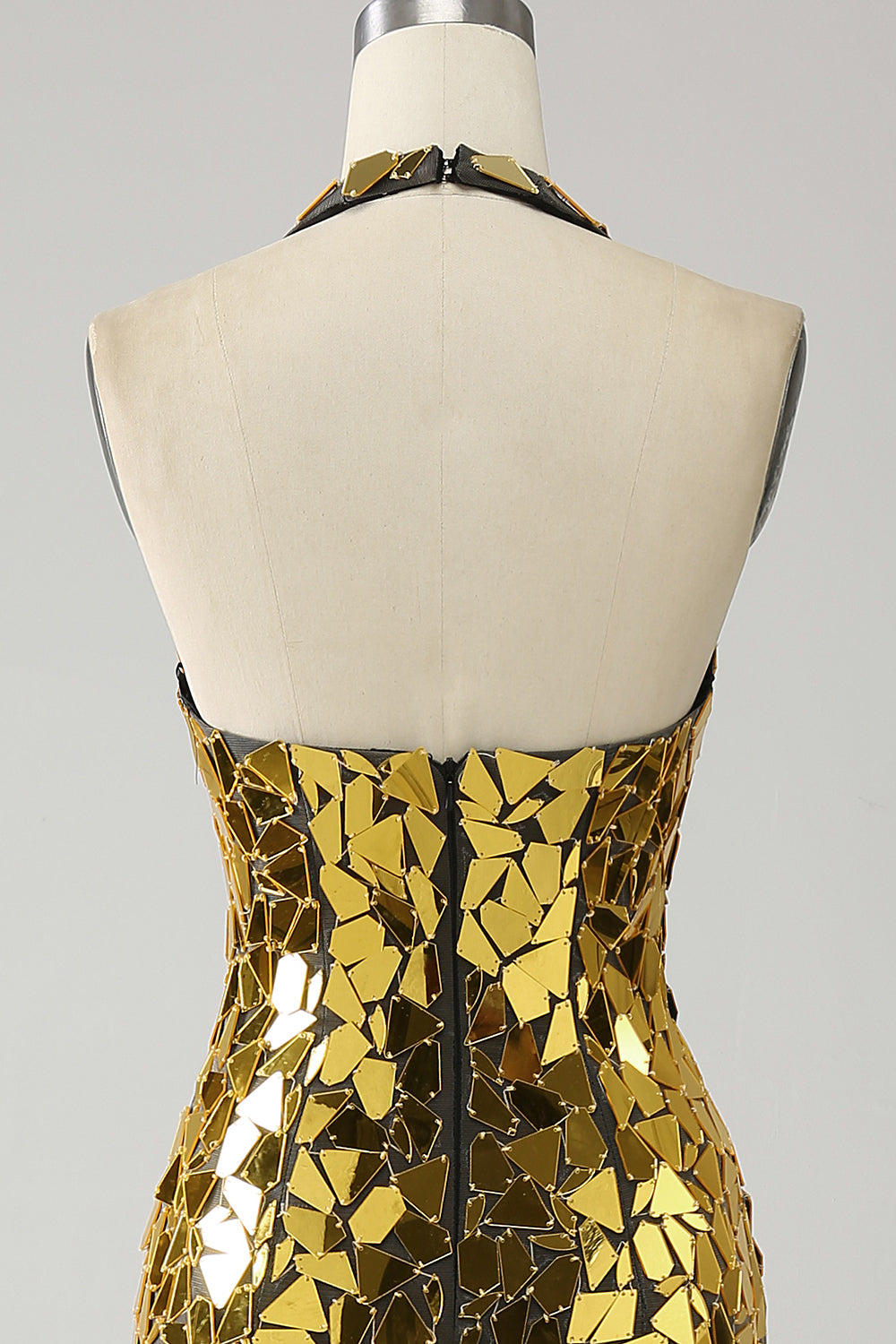 Gouden zeemeermin halter diepe V-hals Backless spiegel galajurk met hoge split