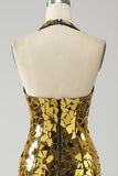 Gouden zeemeermin halter diepe V-hals Backless spiegel galajurk met hoge split