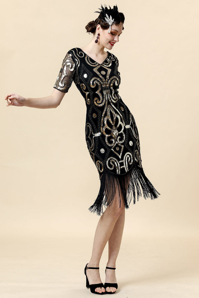 Afbeelding in Gallery-weergave laden, Vintage gefranjerde glitter flapper jurk met 1920s accessoires set