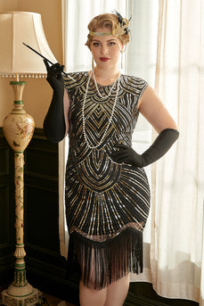 Gouden Pailletten Plus Size 1920s Gatsby Jurk met 20s Acessories Set