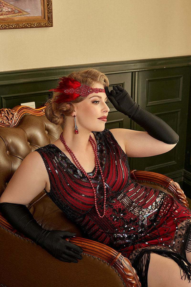 Afbeelding in Gallery-weergave laden, Rode Plus Size 1920s Gatsby Jurk met 20s Acessories Set
