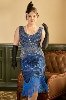 Royal Blue Pailletten 1920s Plus Size Gatsby Jurk met 20s Accessoires Set